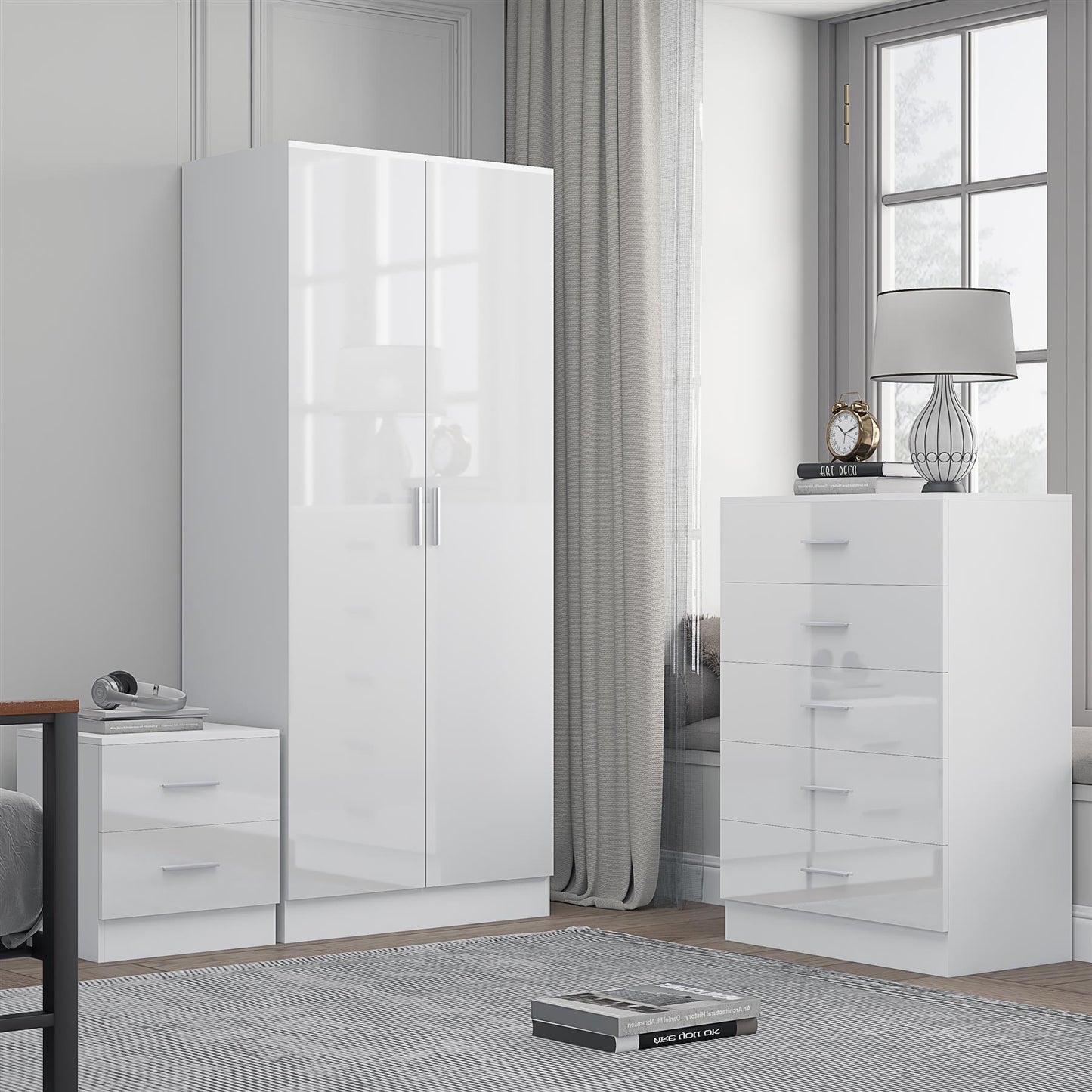 REFLECT Gloss 3pc Bedroom Set - 2 Door Wardrobe + 5 Draw Chest + Bedside