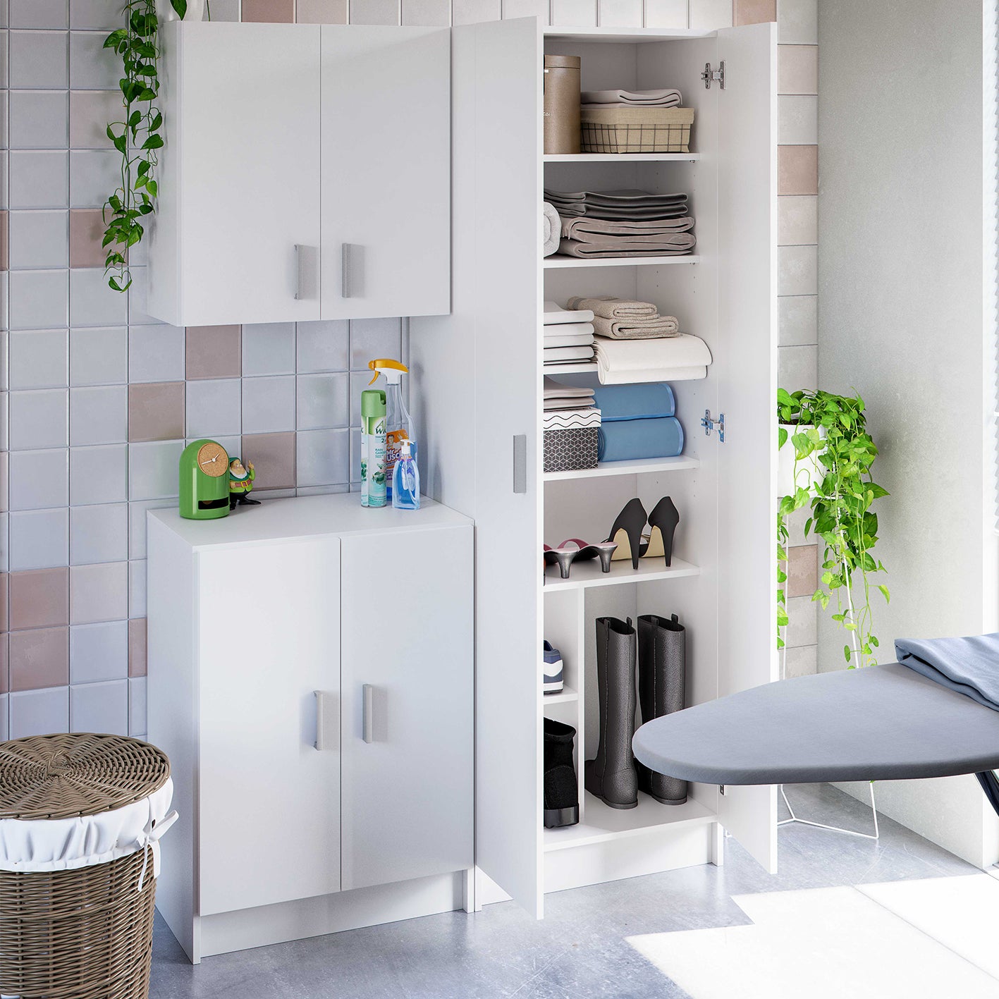 VITA Multi-Use White Cupboard Set- Freestanding & Wall Hung Storage Units for Home Organisation