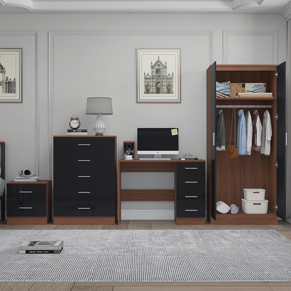 Reflect 2 Door Plain Wardrobe, 5 Drawer Chest, 2 Drawer Bedside & Desk - Black Gloss & Walnut - Modern Bedroom Furniture Set