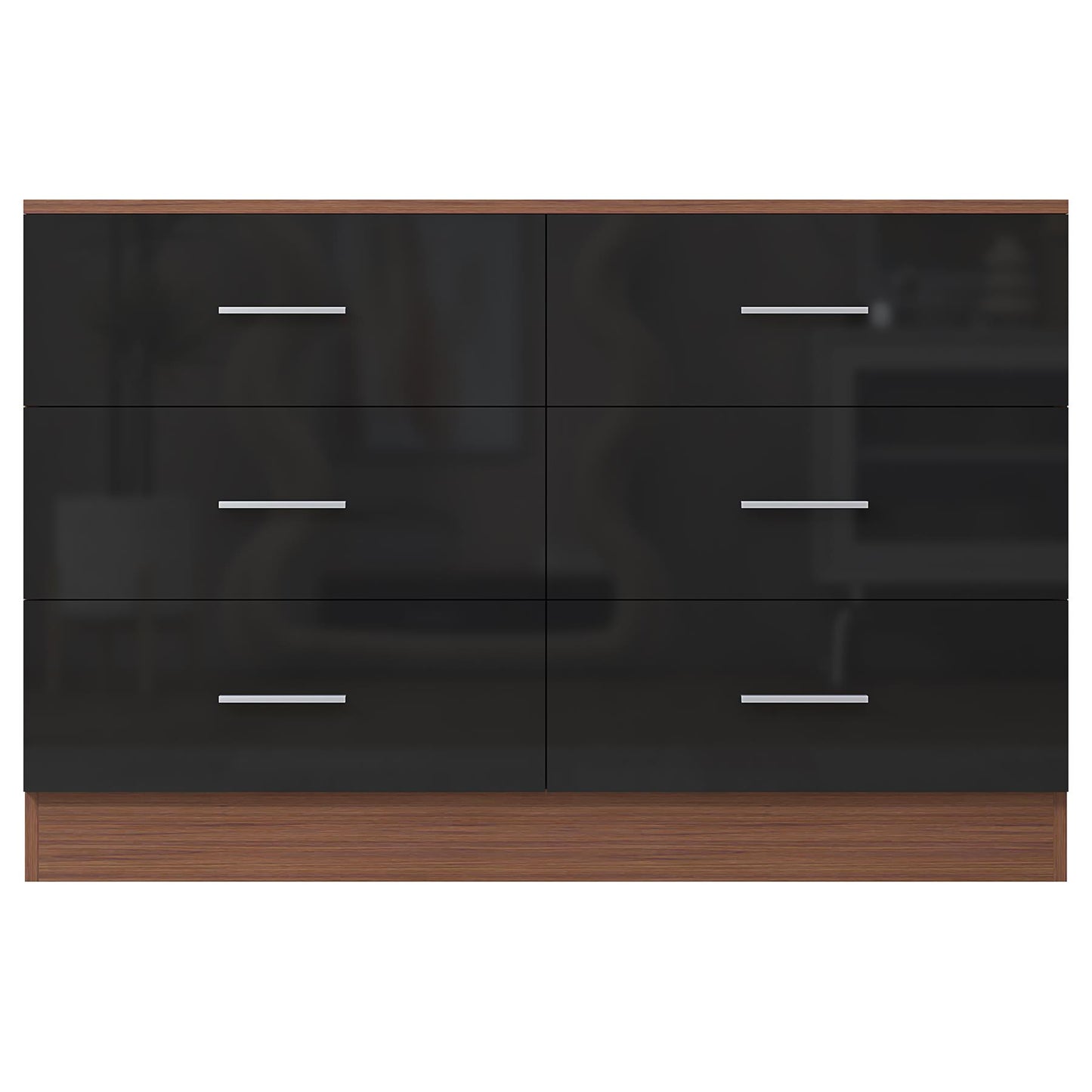 Reflect Wide 6 Drawer Chest - Black Gloss & Walnut - Modern Bedroom Storage Unit with Drawers