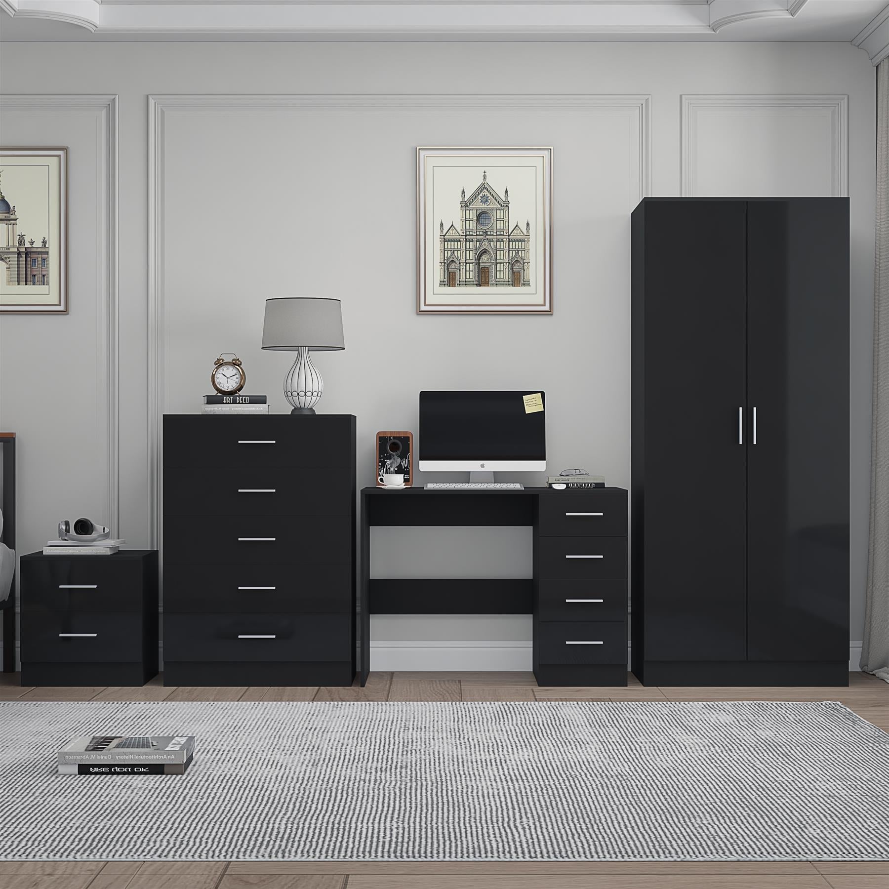 REFLECT Gloss 4pc Bedroom Set - 2 Door Wardrobe + 5 Draw Chest + Bedside + Desk