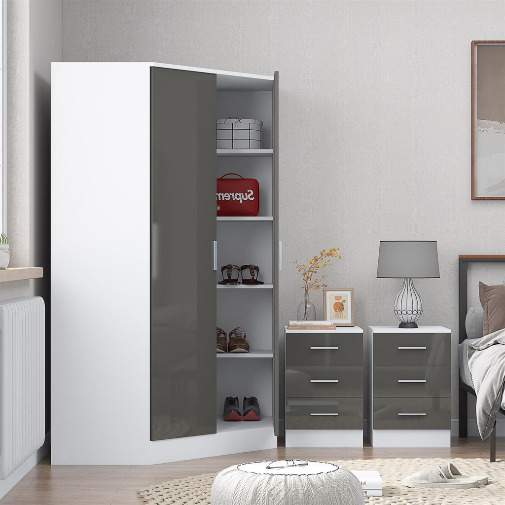 REFLECT - 2 Door CORNER + 2x 3 Drawer Bedside - Gloss Grey / Matt White