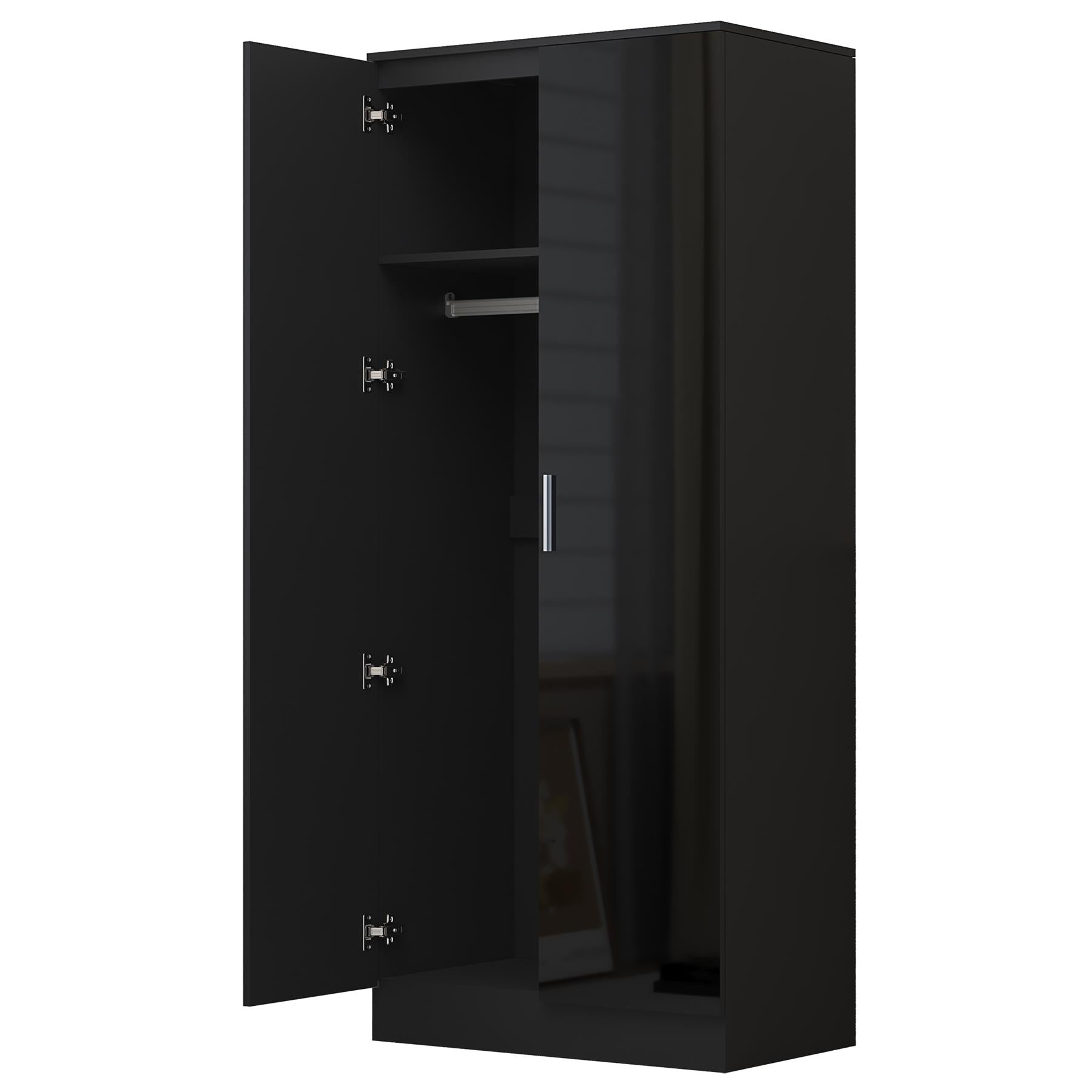 Reflect 2 Door Plain Wardrobe - Black Gloss & Black Oak - Hanging Rails & Shelves - H: 180cm x W: 76cm - Modern Sleek Design