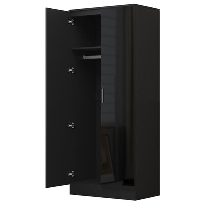 Reflect 2 Door Plain Wardrobe - Black Gloss & Black Oak - Hanging Rails & Shelves - Modern Sleek Design