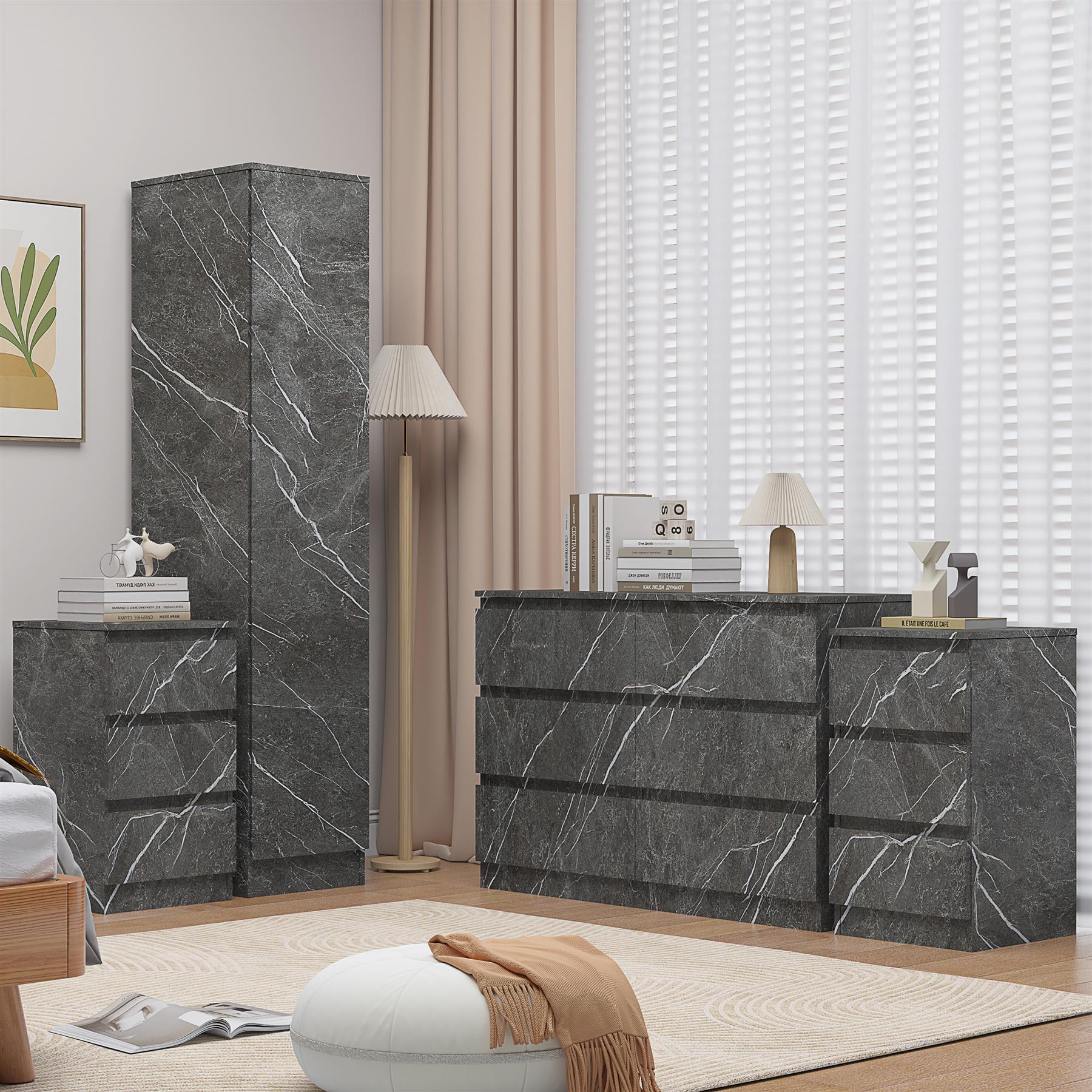 ZITA Grey Marble Effect 4pc Bedroom Set - 1-Door Wardrobe, Wide Chest & 2 Bedside Tables, Contemporary Bedroom Storage Solution