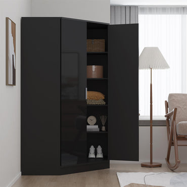 Reflect 2 Door Corner Wardrobe - Black Gloss & Black Oak - 2 Hanging Rails & 8 Shelves - Modern Design