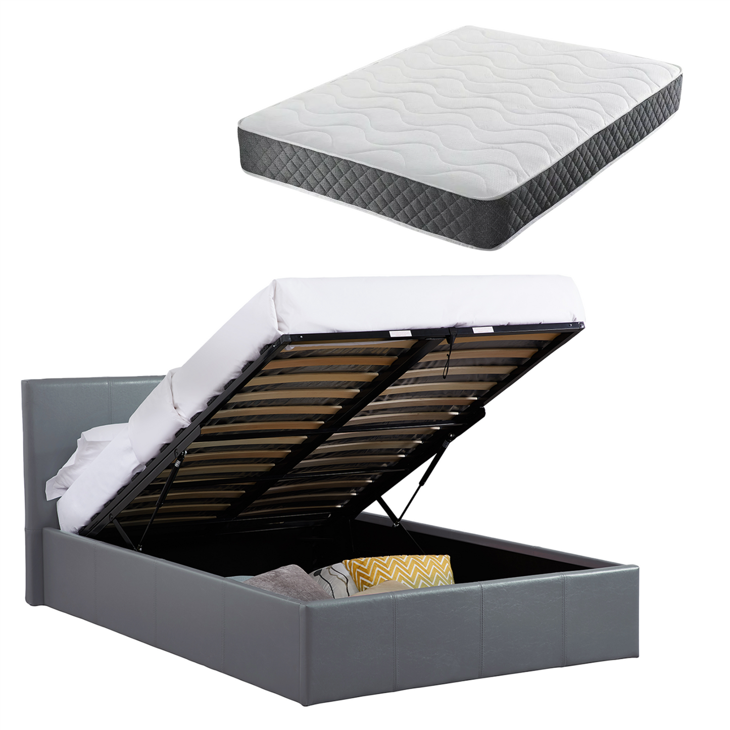 LUNA 4FT Small Double Grey Ottoman Storage Bed with Gas Lift Up & Memory Foam & Spring Mattress