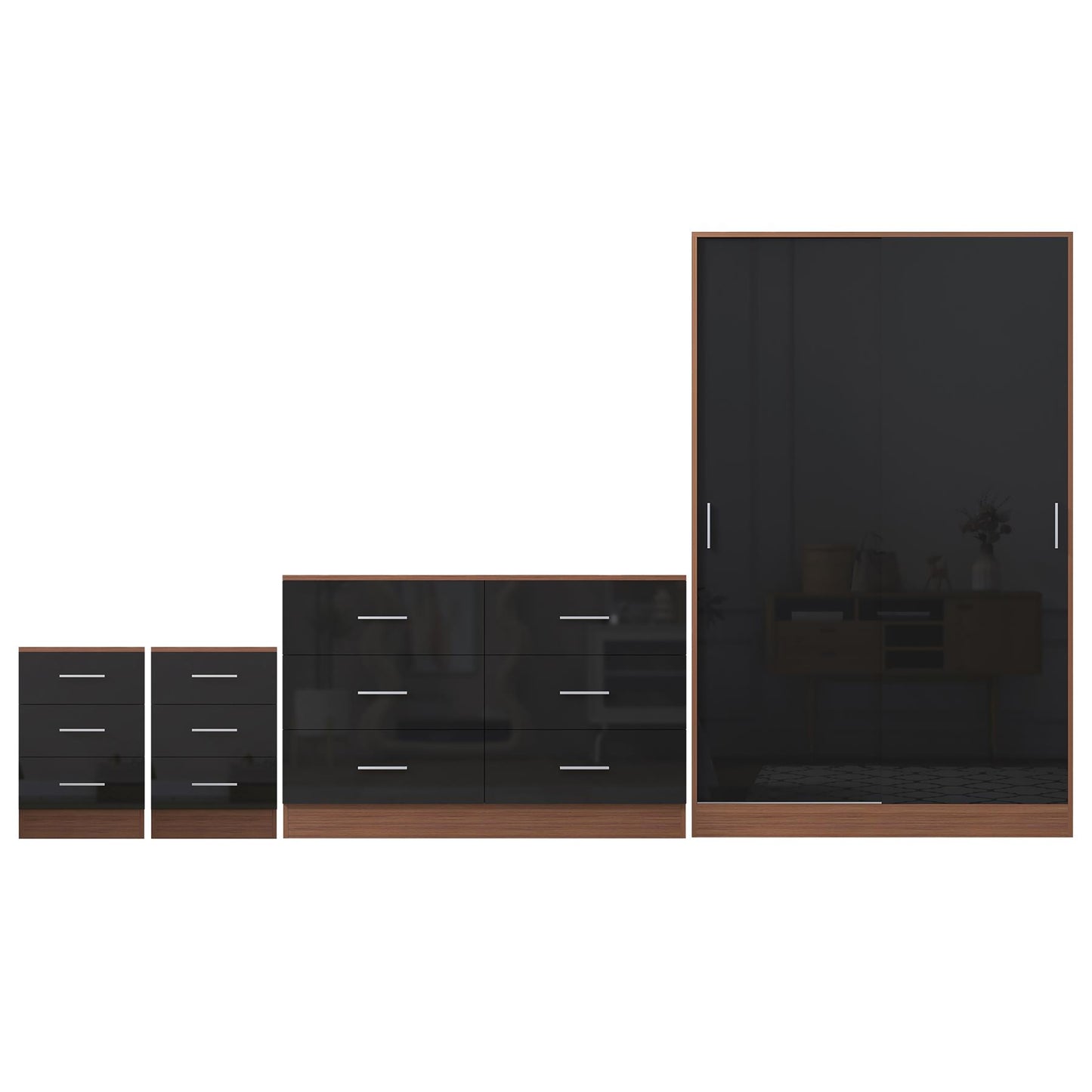 Reflect 2 Door Sliding Wardrobe, 6 Drawer Wide Chest, 2x 3 Drawer Bedsides - Black Gloss & Walnut - Modern Bedroom Furniture Set