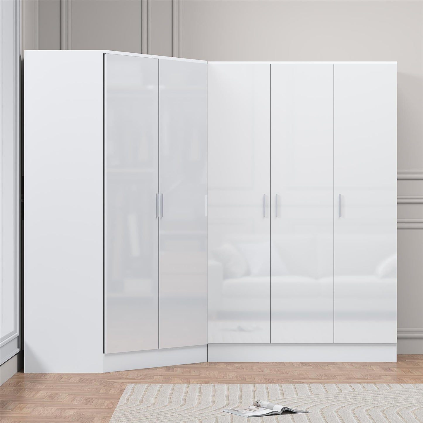 Reflect 2pc Wardrobe Bundle - 2 Door Corner + 3 Door Plain - White Gloss & Matt White