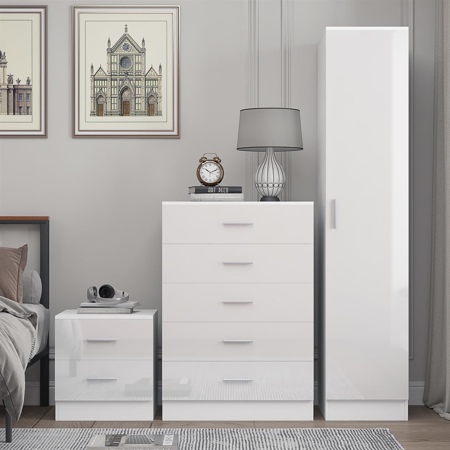 REFLECT Gloss 3pc Bedroom Set - 1 Door Wardrobe + 5 Draw Chest + Bedside