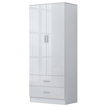 Reflect 2 Door 2 Drawer Combi Plain Wardrobe - White Gloss & Matt White - Hanging Rails, Drawers & Shelf