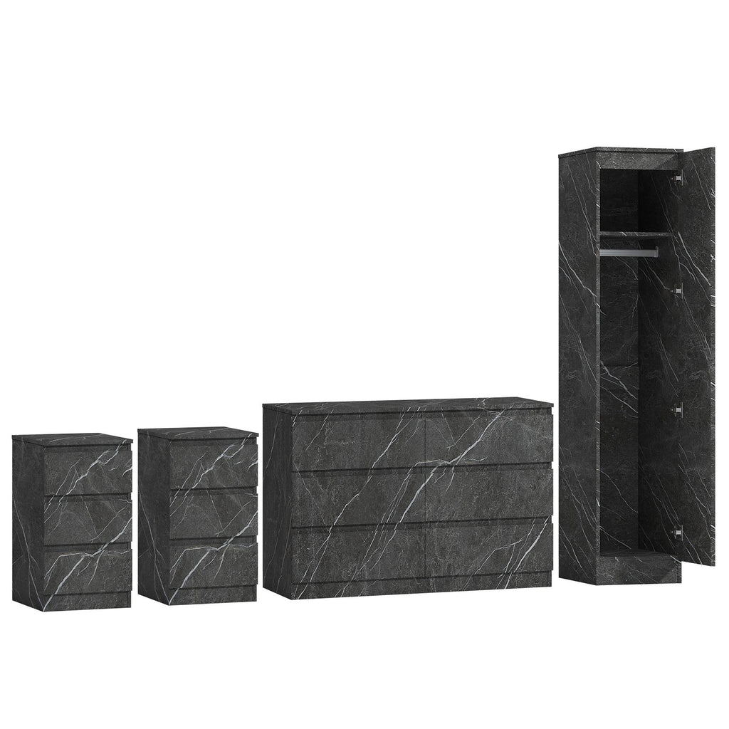 ZITA Grey Marble Effect 4pc Bedroom Set - 1-Door Wardrobe, Wide Chest & 2 Bedside Tables, Contemporary Bedroom Storage Solution