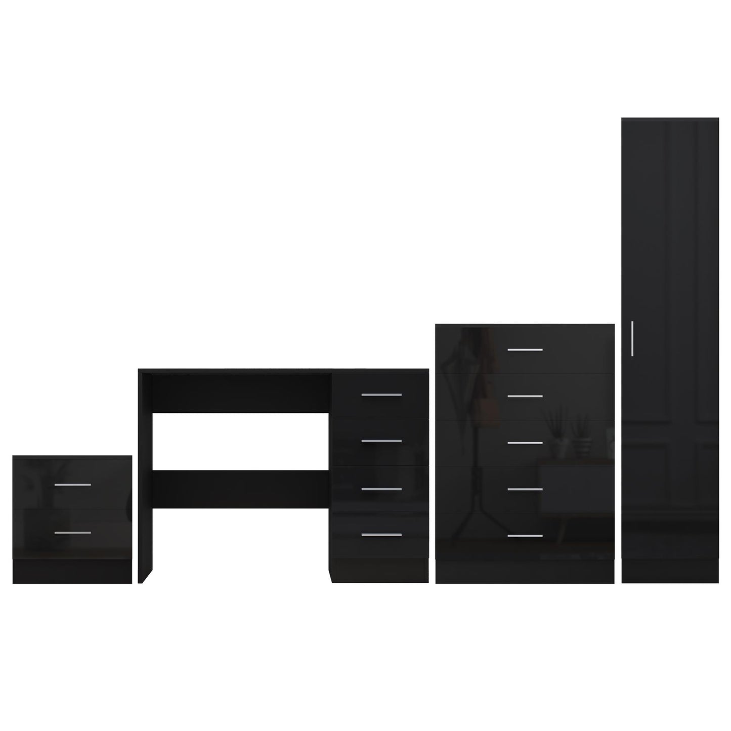 Reflect 1 Door Plain Wardrobe, 5 Drawer Chest, 2 Drawer Bedside & Desk - Black Gloss & Black Oak - Bedroom Furniture Set