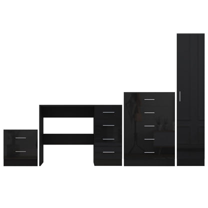 Reflect 1 Door Plain Wardrobe, 5 Drawer Chest, 2 Drawer Bedside & Desk - Black Gloss & Black Oak - Bedroom Furniture Set