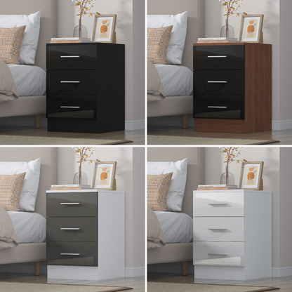 REFLECT Gloss Bedroom Furniture 3 Drawer Bedside - 4 Colour Options