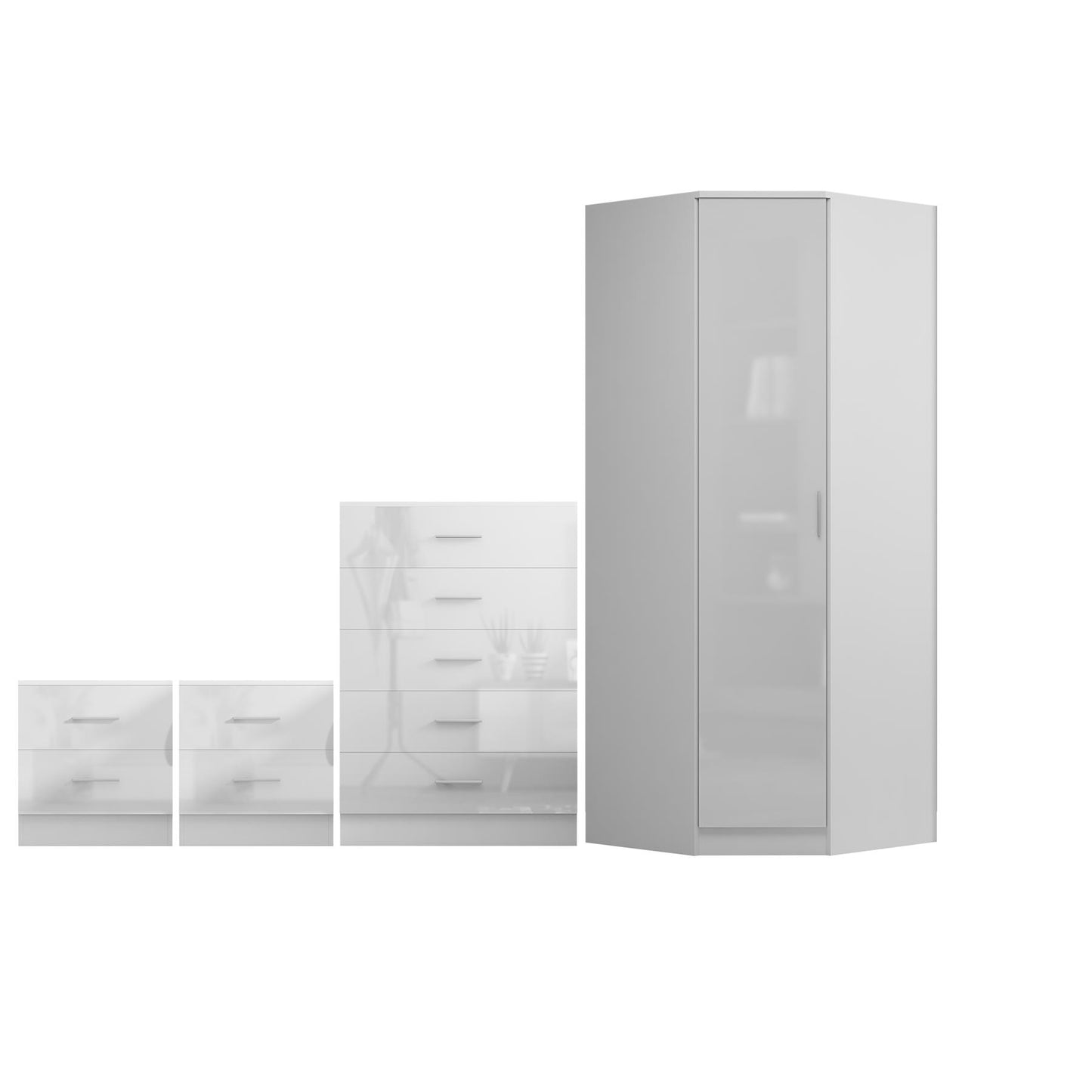 REFLECT - 1 Door Corner + 5 Drawer Chest + 2x 2 Drawer Bedside in Gloss White / Matt White