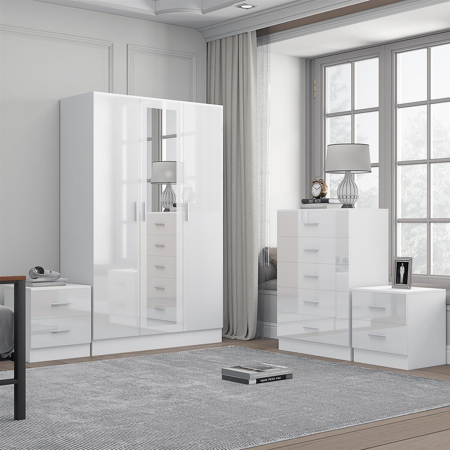 REFLECT Gloss 4pc Set - 3 Door Mirrored Wardrobe + 5 Draw Chest + 2 Bedsides