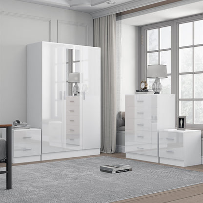 Reflect 3 Door Mirror Wardrobe, 5 Drawer Chest, 2x 2 Drawer Bedsides - White Gloss & Matt White - Modern Bedroom Furniture Set