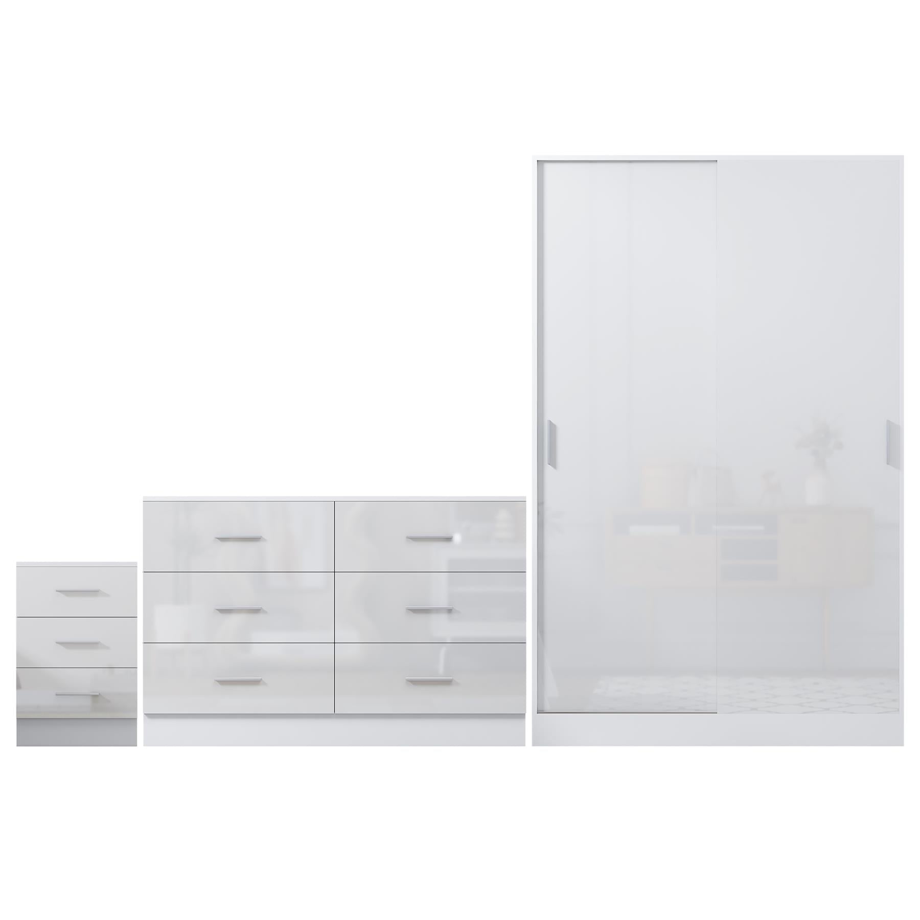 Reflect 2 Door Sliding Wardrobe, 6 Drawer Wide Chest, 3 Drawer Bedside - White Gloss & Matt White - Modern Bedroom Furniture Set