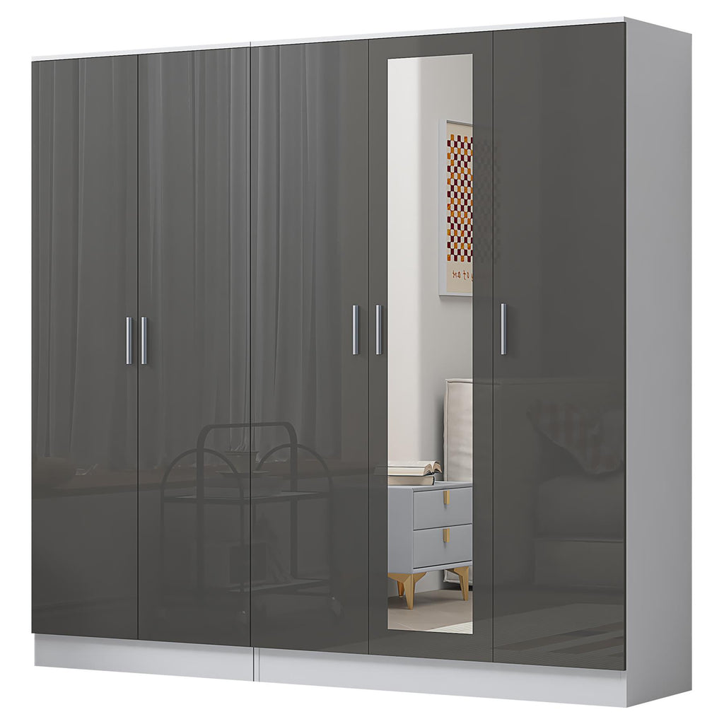 REFLECT - 3 Door MIRROR + 2 Door PLAIN Wardrobe - Gloss Grey / Matt White
