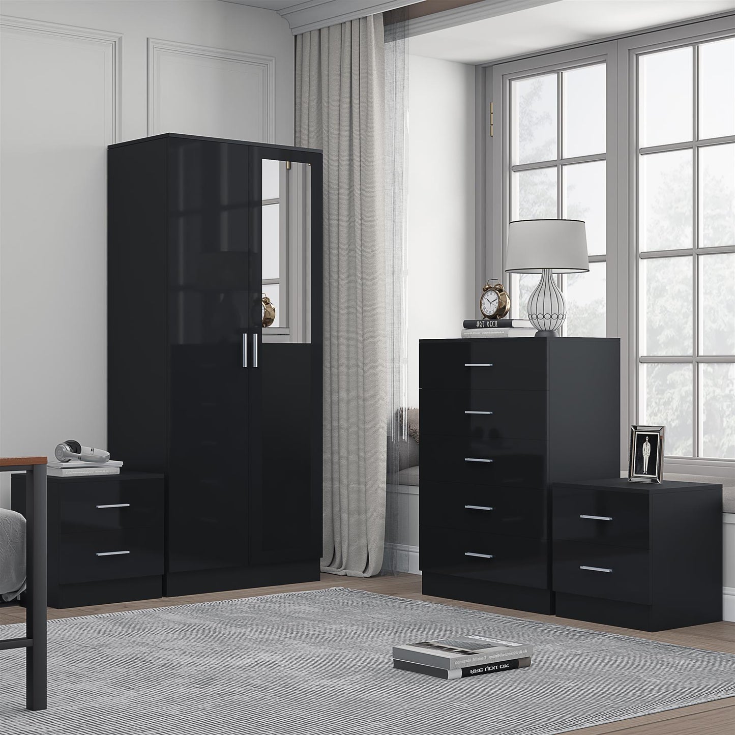 REFLECT Gloss 4pc Set - 2 Door Mirrored Wardrobe + 5 Draw Chest + 2 Bedsides