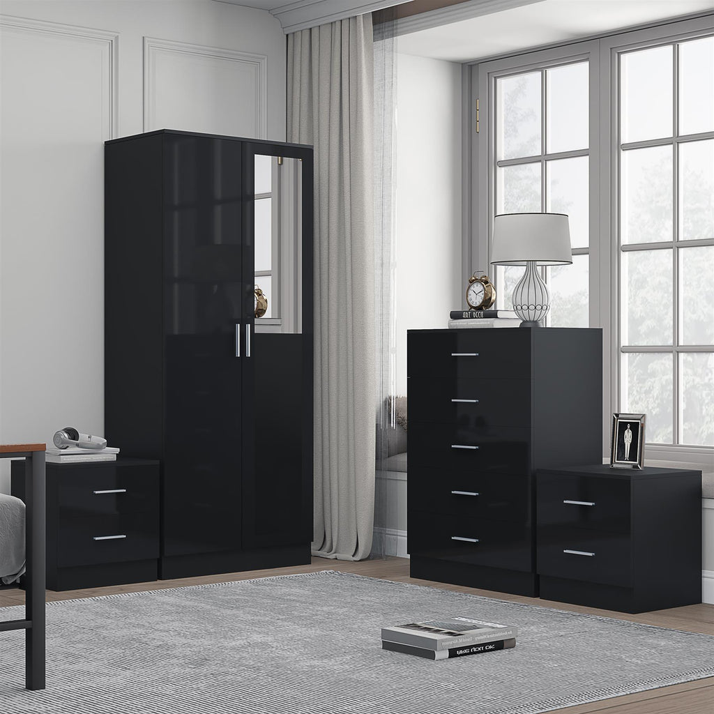 Reflect 2 Door Mirror Wardrobe, 5 Drawer Chest, 2x 2 Drawer Bedsides - Black Gloss & Black Oak - Modern Bedroom Furniture Set