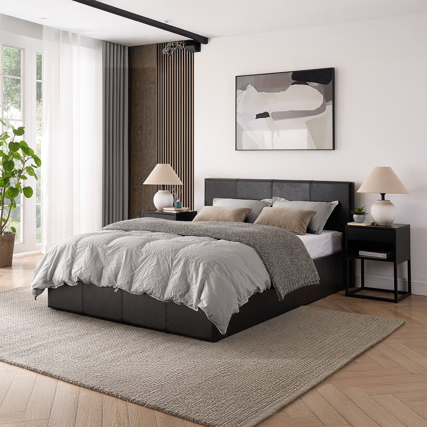 LUNA 4FT6 Double Black Ottoman Storage Bed with Gas Lift, Faux Leather Fabric