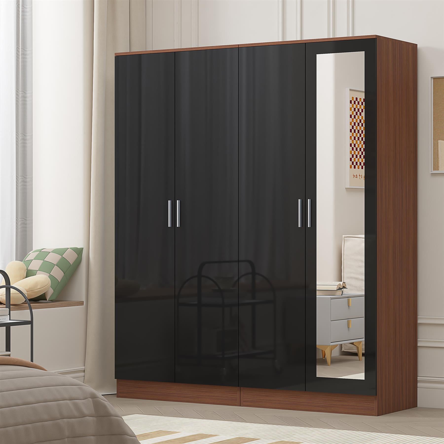 REFLECT - 2 Door Mirror + 2 Door Plain - Gloss Black / Matt Walnut