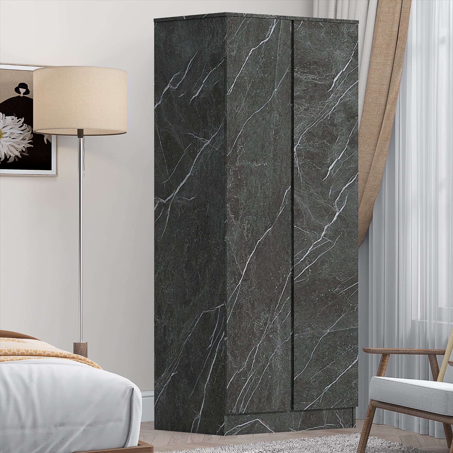 ZITA Grey Marble Effect 2 Door Plain Wardrobe - Bedroom Storage, Stylish and Spacious