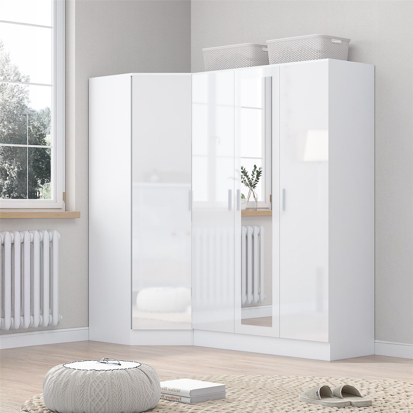 REFLECT - 1 Door Corner + 3 Door Mirror Wardrobe in Gloss White / Matt White