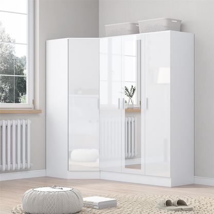 REFLECT - 1 Door Corner + 3 Door Mirror Wardrobe in Gloss White / Matt White