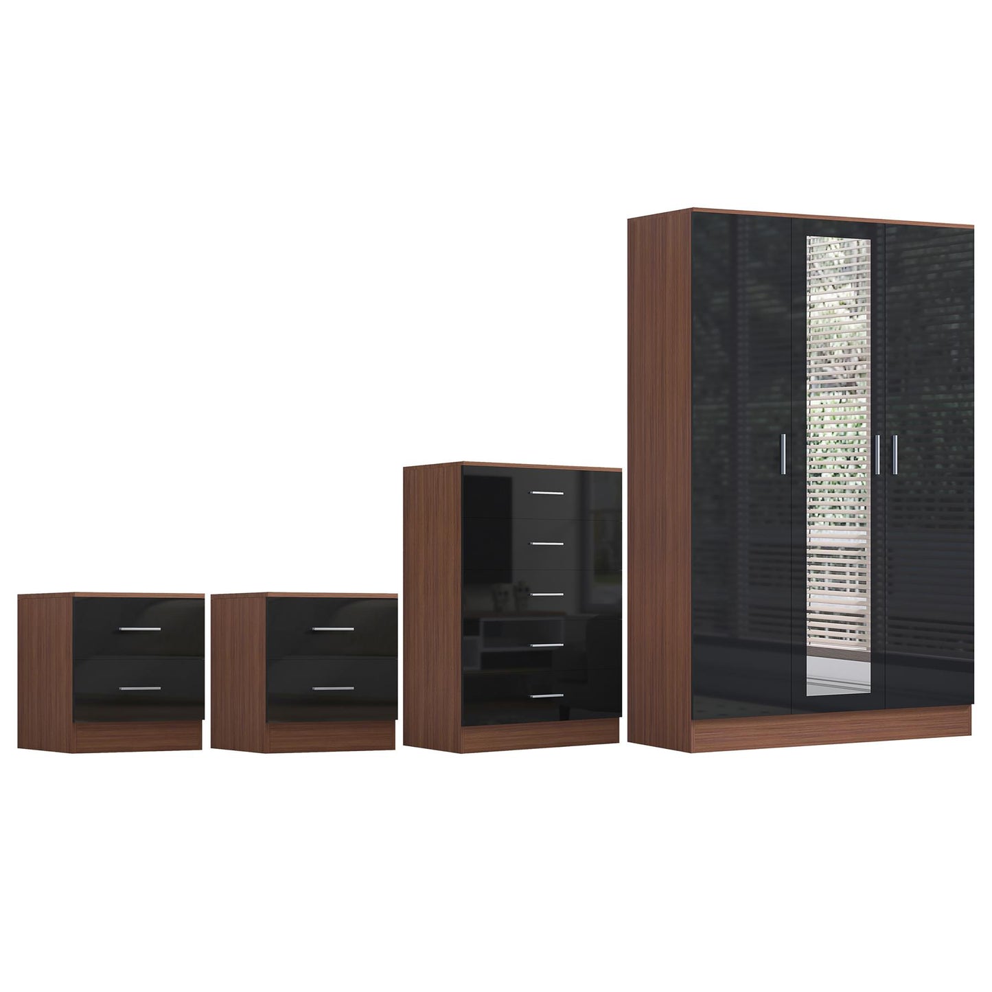 REFLECT Gloss 4pc Set - 3 Door Mirrored Wardrobe + 5 Draw Chest + 2 Bedsides