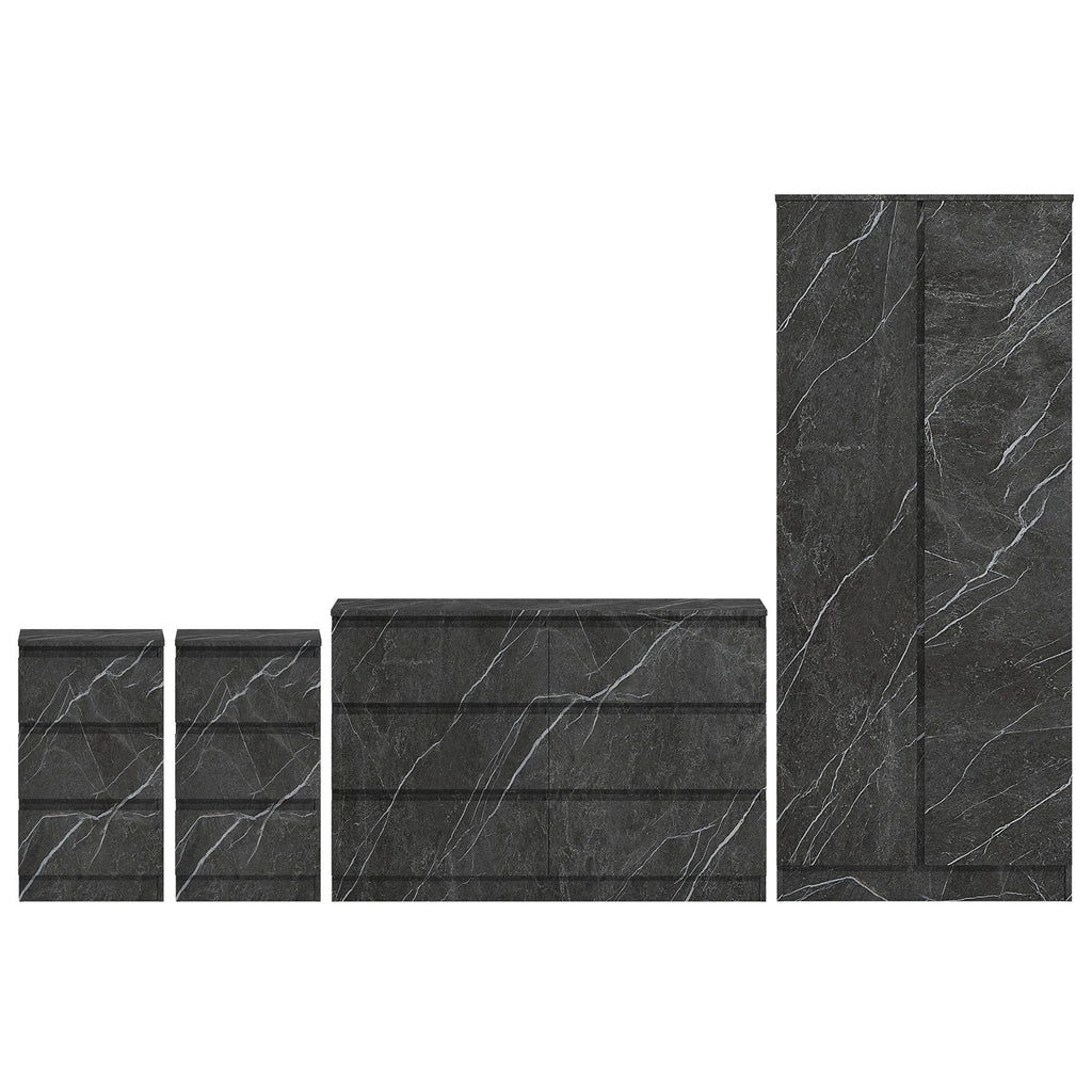 ZITA Grey Marble Effect 4 Piece Bedroom Set - Wardrobe, 6 Drawer Chest & 2 Bedside Tables, Stylish Bedroom Furniture
