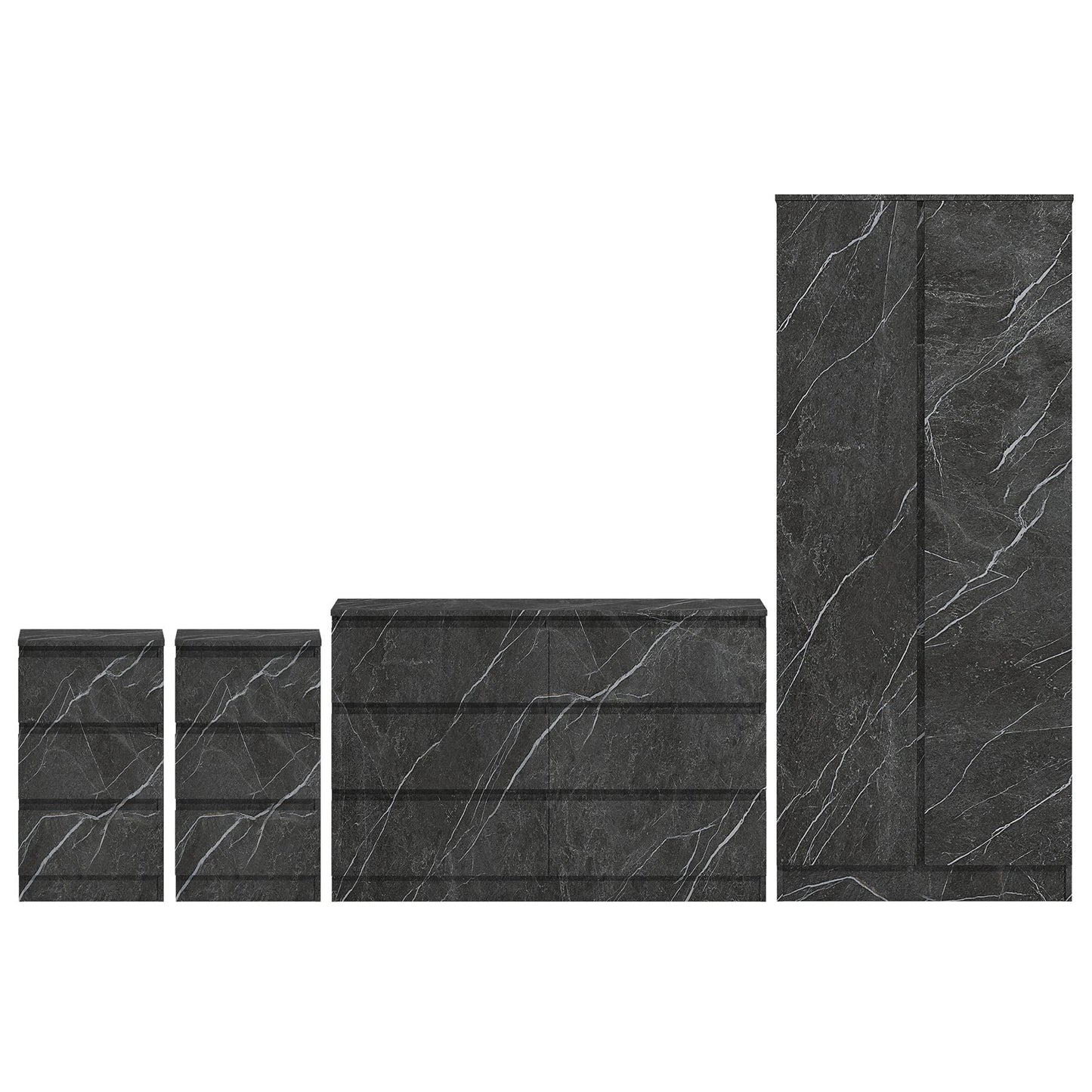 ZITA Grey Marble Effect 4 Piece Bedroom Set - Wardrobe, 6 Drawer Chest & 2 Bedside Tables, Stylish Bedroom Furniture