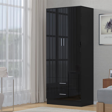 Reflect 2 Door 2 Drawer Combi Plain Wardrobe - Black Gloss & Black Oak - Hanging Rails, Drawers & Shelf