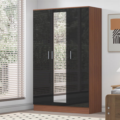 Reflect 3 Door Mirror Wardrobe - Black Gloss & Walnut - Hanging Rail & 4 Shelves - Modern Design