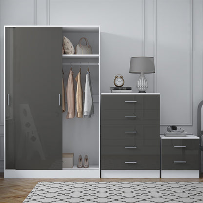 REFLECT Gloss 3pc Set - 2 Door Sliding Wardrobe + 5 Draw Chest + Bedside