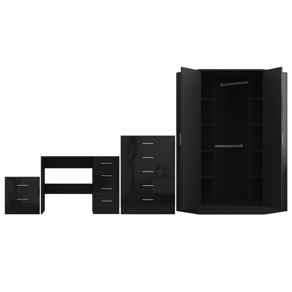 REFLECT Gloss 4pc Set - 2 Door Corner Wardrobe + 5 Draw Chest + Bedside + Desk
