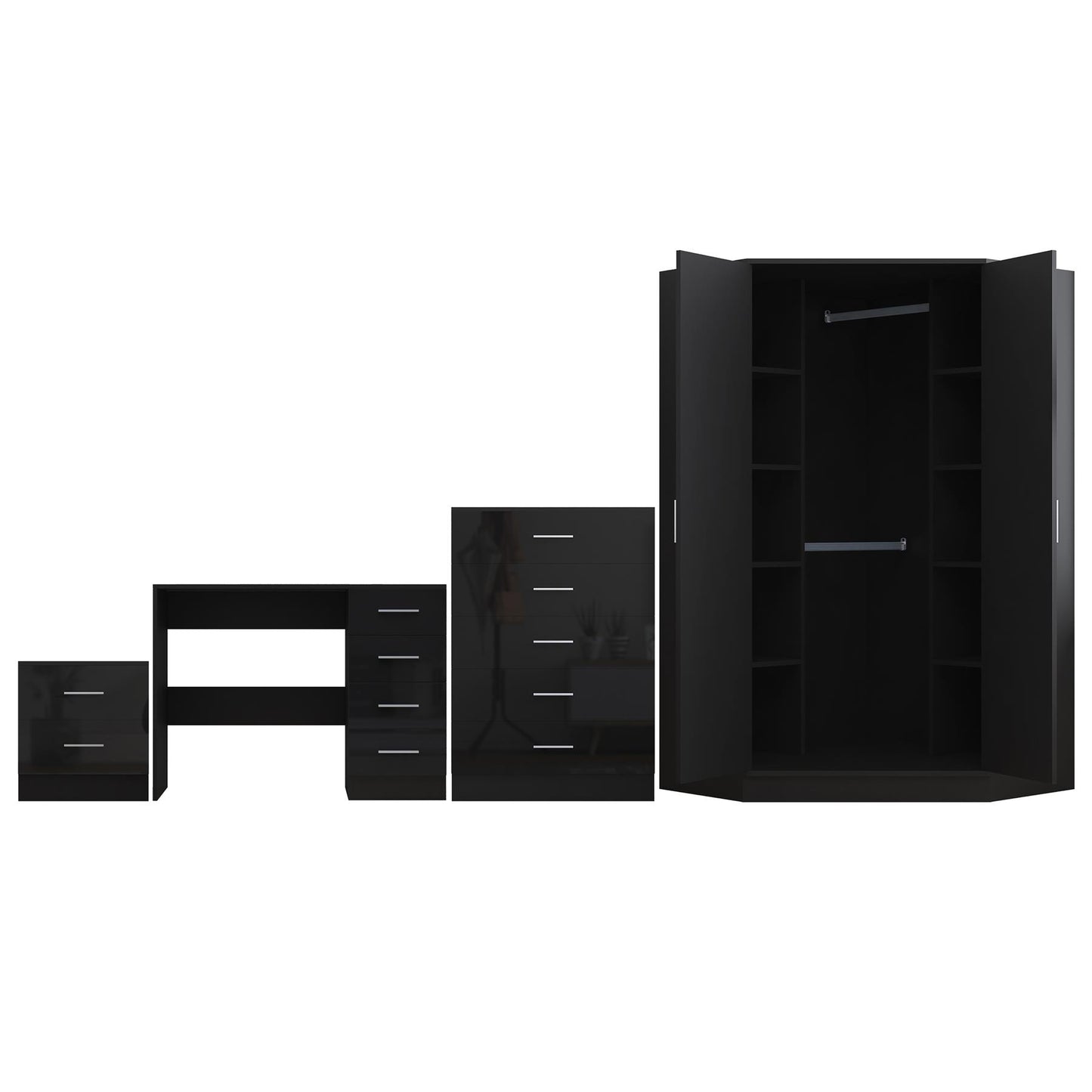 REFLECT Gloss 4pc Set - 2 Door Corner Wardrobe + 5 Draw Chest + Bedside + Desk