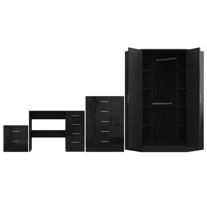 REFLECT Gloss 4pc Set - 2 Door Corner Wardrobe + 5 Draw Chest + Bedside + Desk