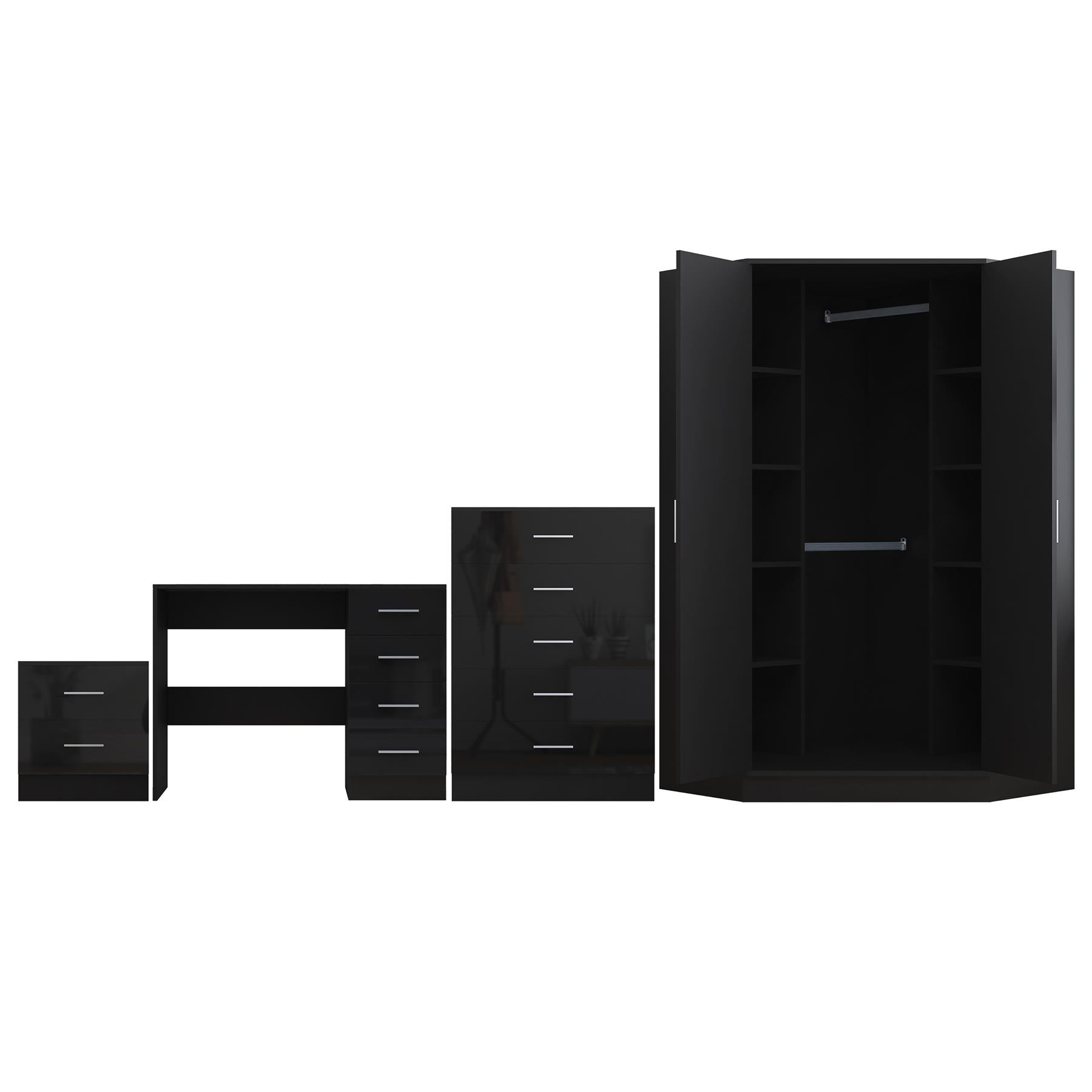 Reflect 2 Door Corner Wardrobe, 5 Drawer Chest, 2 Drawer Bedside & Desk - Black Gloss & Black Oak - Bedroom Furniture Set