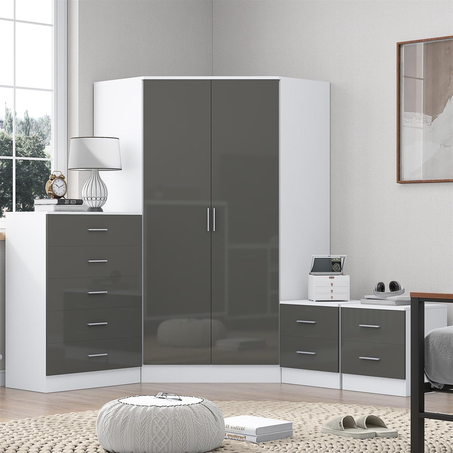 REFLECT Gloss 4pc Set - 2 Door Corner Wardrobe + 5 Draw Chest + 2 Bedsides