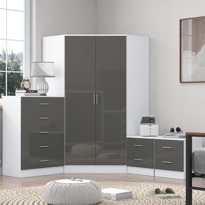 Reflect 2 Door Corner Wardrobe, 5 Drawer Chest, 2x 2 Drawer Bedsides - Grey Gloss & Matt White - Bedroom Furniture Set