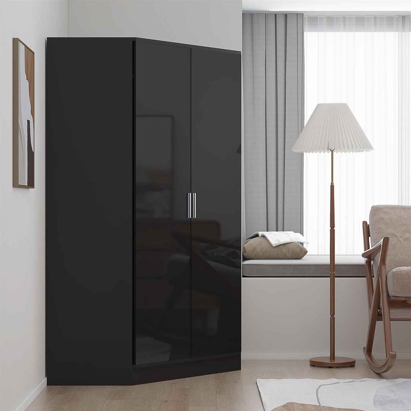 Reflect 2 Door Corner Wardrobe - Black Gloss & Black Oak - 2 Hanging Rails & 8 Shelves - Modern Design
