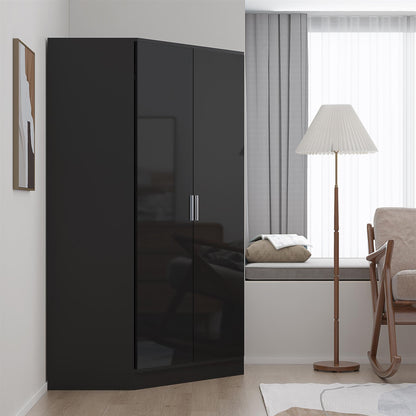 Reflect 2 Door Corner Wardrobe - Black Gloss & Black Oak - 2 Hanging Rails & 8 Shelves - Modern Design