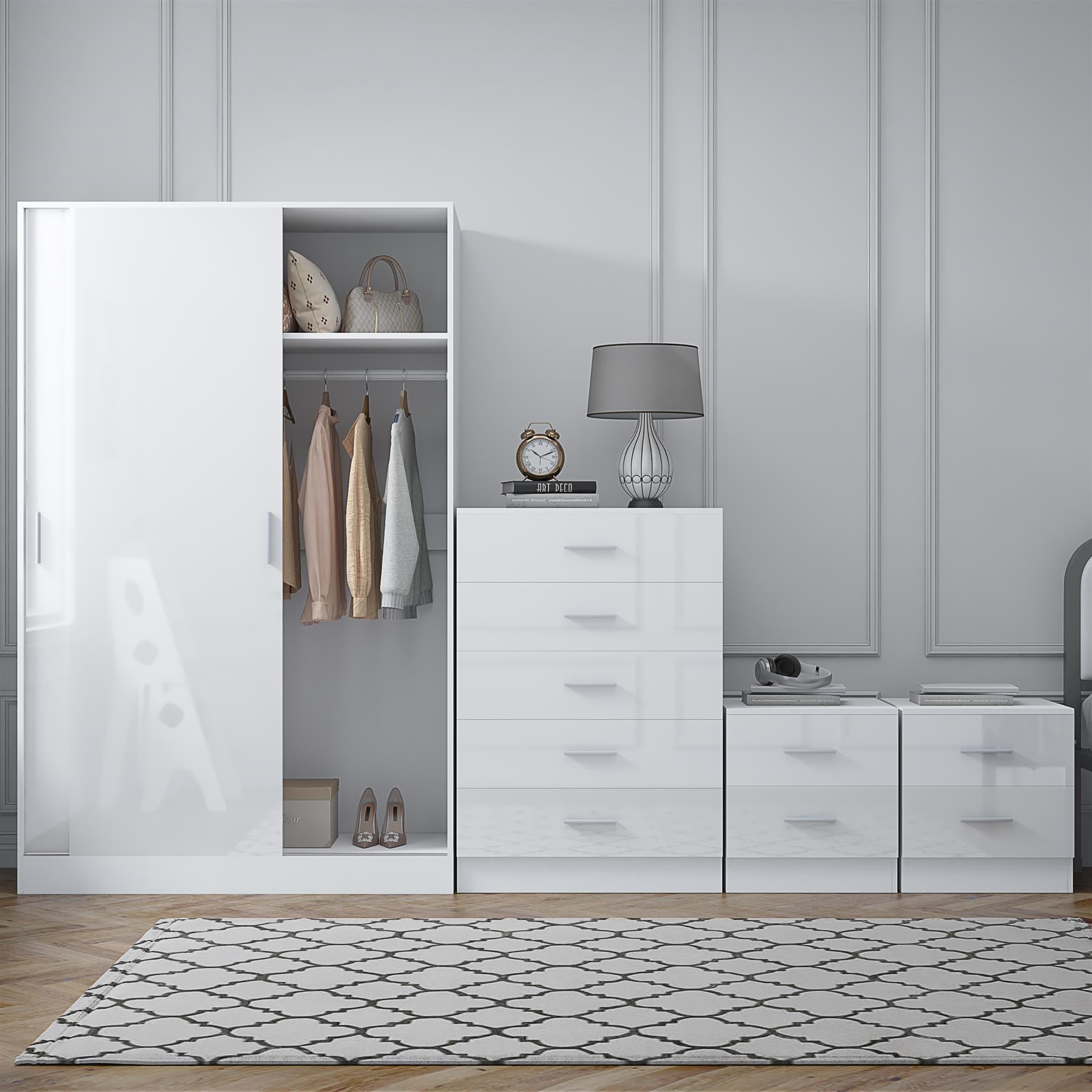 Reflect 2 Door Sliding Wardrobe, 5 Drawer Chest, 2x 2 Drawer Bedsides - White Gloss & Matt White - Modern Bedroom Furniture Set