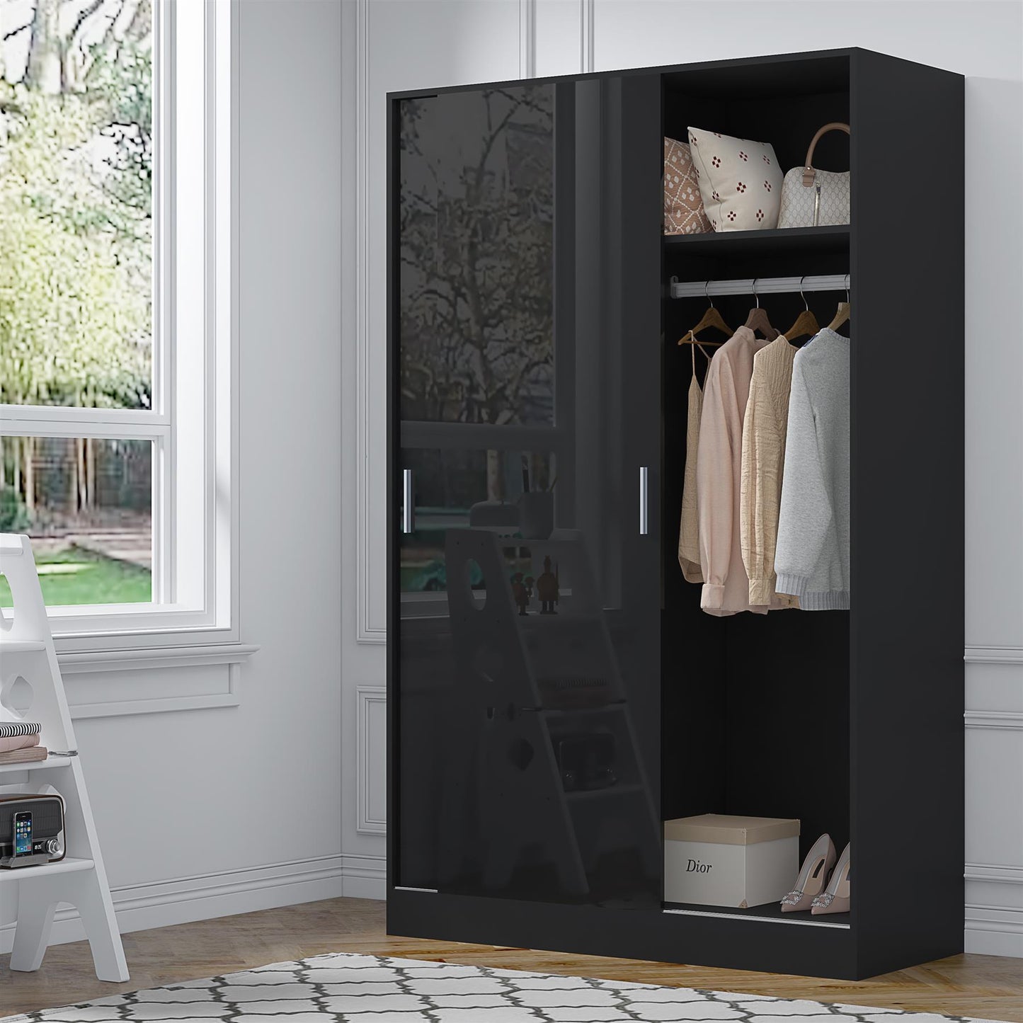 Reflect 2 Door Sliding Wardrobe - Black Gloss & Black Oak - Hanging Rails & Shelves - Modern Design