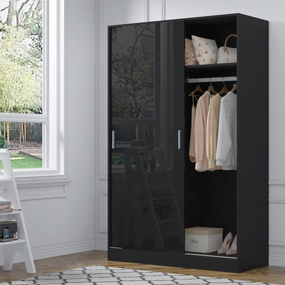Reflect 2 Door Sliding Wardrobe - Black Gloss & Black Oak - Hanging Rails & Shelves - Modern Design