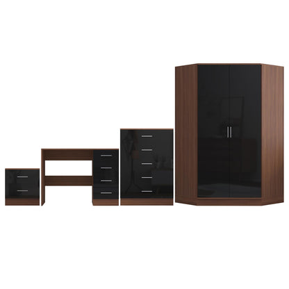 REFLECT Gloss 4pc Set - 2 Door Corner Wardrobe + 5 Draw Chest + Bedside + Desk