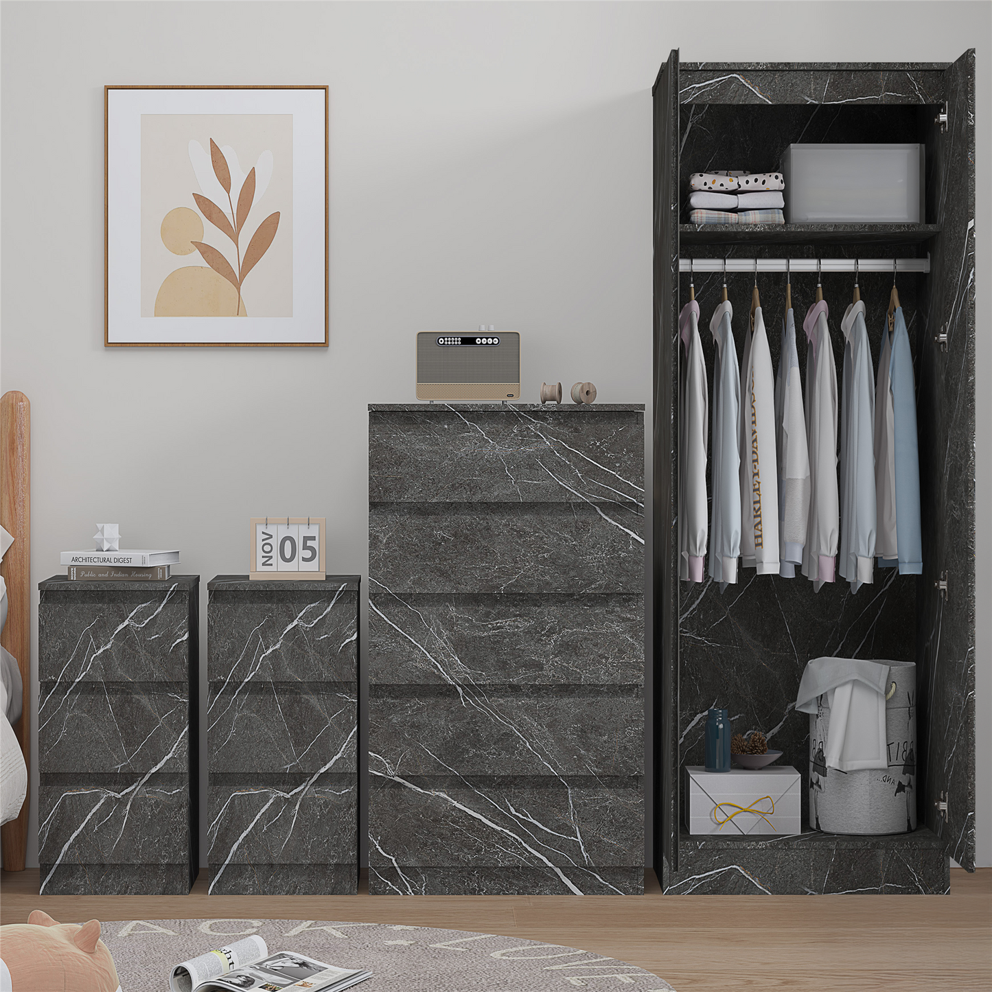 ZITA 4pc Set - 2 Door Wardrobe + Tall Chest + 2 Bedsides in White OR Grey Marble